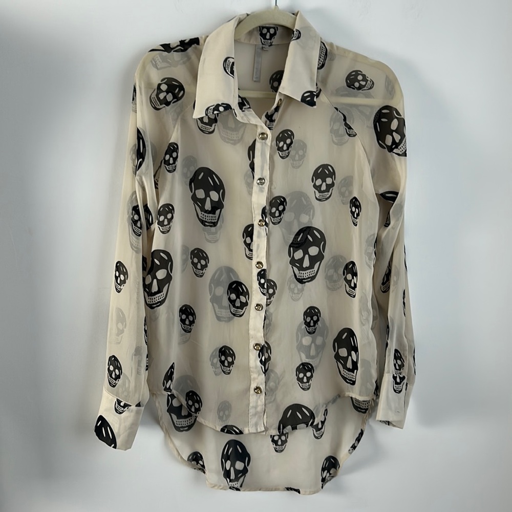 Mona B beige button down sheer blouse with skeleton print size S
